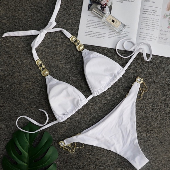 WHITE TRIANGLE BIKINI W/ CRYSTAL EMBELLISHMENTS - Picture 4 of 5